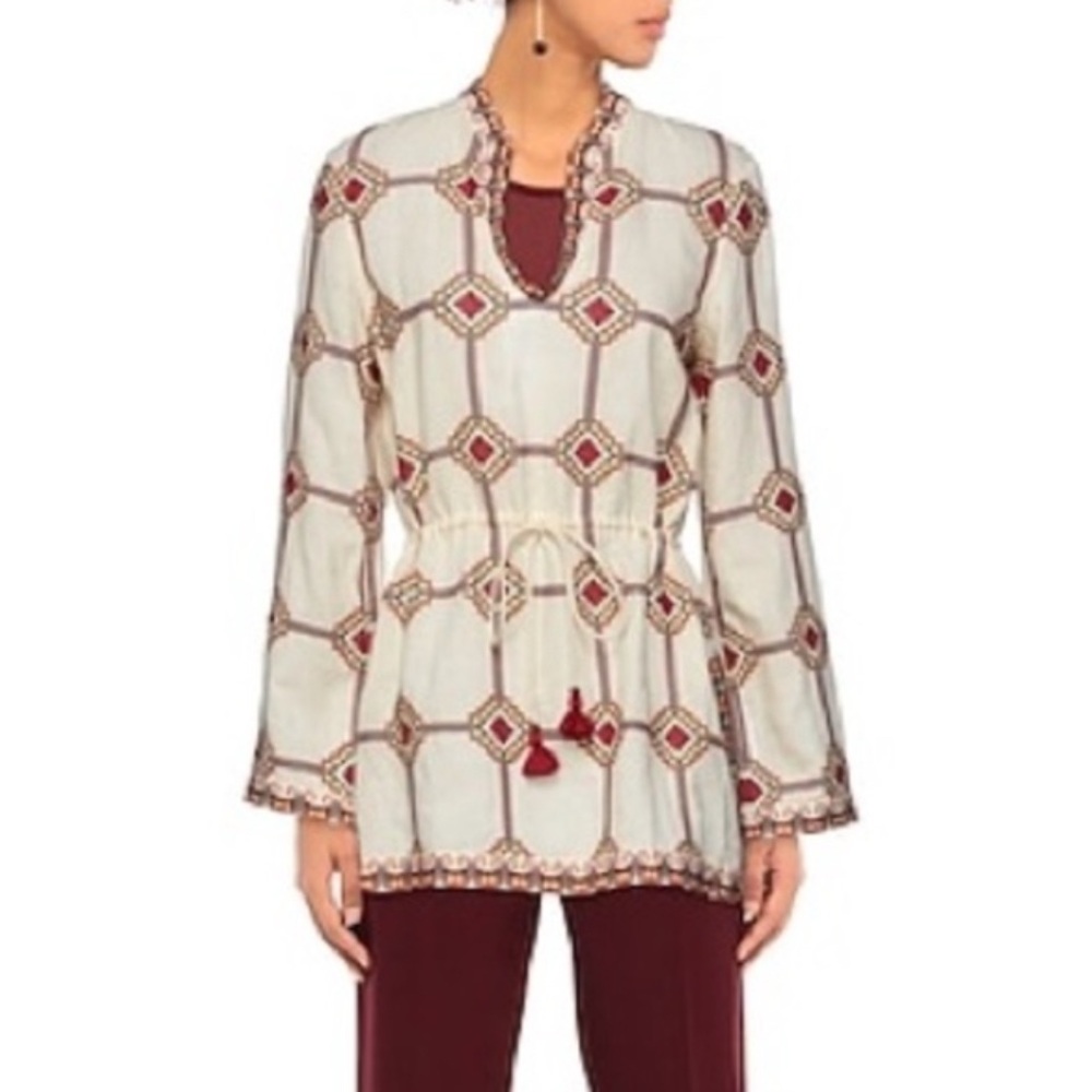 Tory Burch Embroidered‎ Linen Cotton Tunic Blouse Size 6